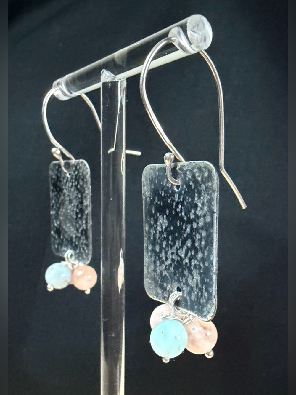 Sterling Silver Aquamarine and Rose Quartz Artisan Hand Crafted Dangle Earrings - Picture 7 of 9